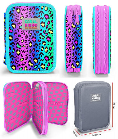 Coral High Yeşil Mor Leopar Kız Çocuk Okul Çantası ve Organizer Kalemlik Seti 23769 11143