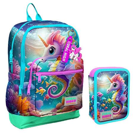 Coral High Su Yeşili Denizatı Kız Çocuk Okul Çantası ve Organizer Kalemlik Seti 23772 11144