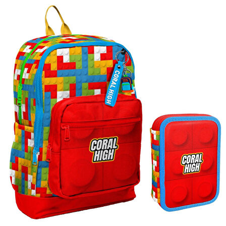 Coral High Kırmızı Yapı Blokları Erkek Çocuk Okul Çantası ve Organizer Kalemlik Seti 23775 11157