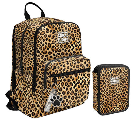 Coral High Kahverengi Leopar Kız Çocuk Okul Çantası ve Organizer Kalemlik Seti - İlkokul ve Ortaokul