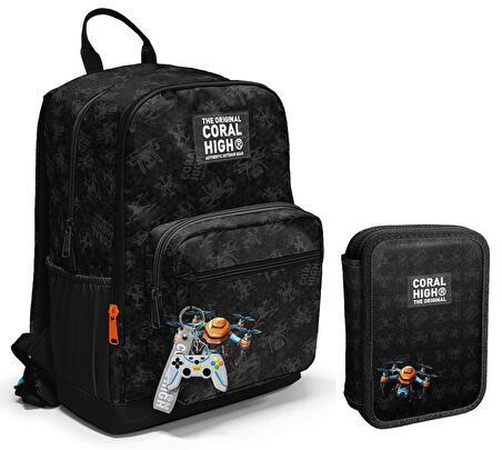 Coral High Drone Pilotu Siyah Erkek Çocuk Okul Çantası ve Organizer Kalemlik Seti - İlkokul ve Ortaokul