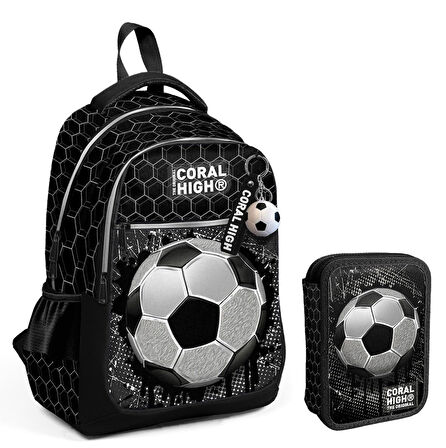 Coral High Siyah Beyaz Futbol Baskılı Erkek Çocuk Okul Çantası ve Organizer Kalemlik Seti 23653+11153