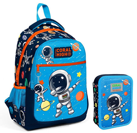 Coral High Mavi Astronot Erkek Çocuk Okul Çantası ve Organizer Kalemlik Seti 23486+11149