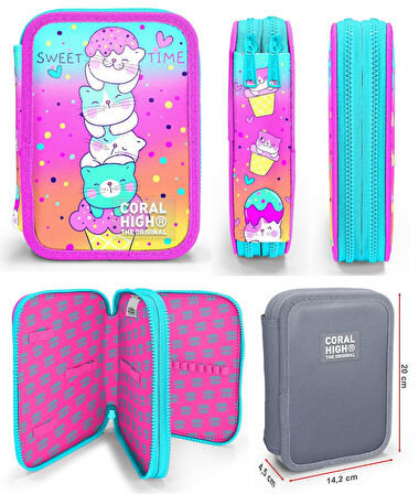 Coral High Yeşil Pembe Dondurma ve Kediler Kız Çocuk Okul Çantası ve Organizer Kalemlik Seti 23648+11139
