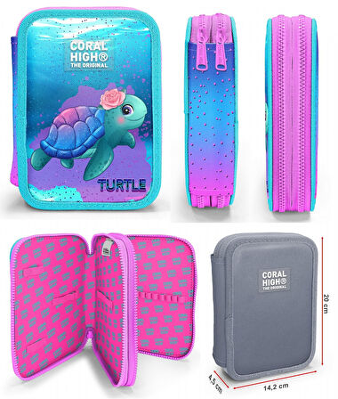 Coral High Turkuaz Pembe Kaplumbağa Kız Çocuk Okul Çantası ve Organizer Kalemlik Seti 23497+11134
