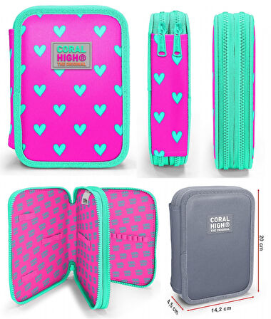 Coral High Yeşil Pembe Kalp Desenli Kız Çocuk Okul Çantası ve Organizer Kalemlik Seti 23113 11133