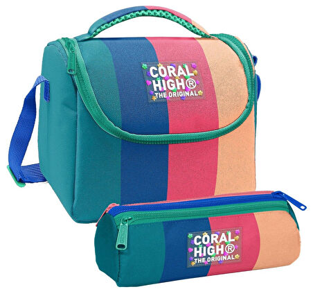 Coral High Kız Çocuk Yeşil Mavi Pembe Renkli Çizgili Thermo Beslenme Çantası ve Üç Bölmeli Kalemlik Seti