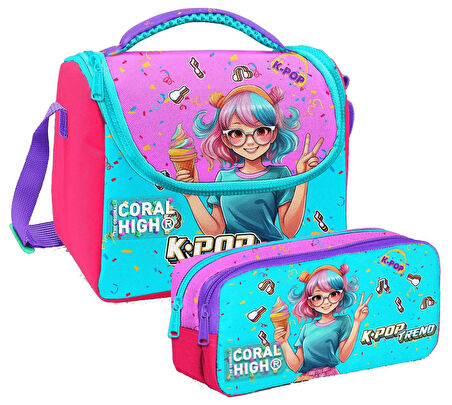 Coral High Kız Çocuk Pembe K-Pop Dondurmalı Kız Thermo Beslenme Çantası ve İki Bölmeli Kalemlik Seti