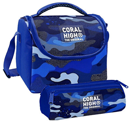 Coral High Erkek Çocuk Mavi Lacivert Kamuflaj Thermo Beslenme Çantası ve Üç Bölmeli Kalem Çantası Seti