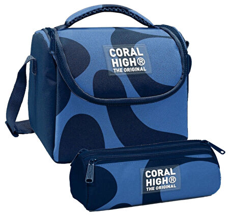 Coral High Erkek Çocuk Lacivert Mavi Renkli Çizgili Thermo Beslenme Çantası ve Üç Bölmeli Kalem Çantası Seti