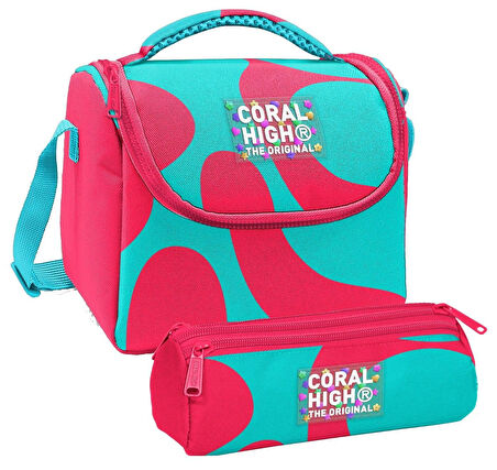 Coral High Kız Çocuk Kırmızı Turkuaz Renkli Çizgili Thermo Beslenme Çantası ve Üç Bölmeli Kalemlik Seti