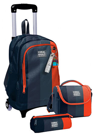 Coral High Çekçek Tekerlekli Erkek Çocuk, Siyah Turuncu Renkli Çizgili, İlkokul Üçlü Okul Çanta Seti
