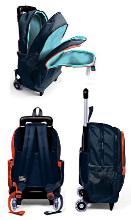 Coral High Çekçek Tekerlekli Erkek Çocuk, Siyah Turuncu Renkli Çizgili, İlkokul Üçlü Okul Çanta Seti