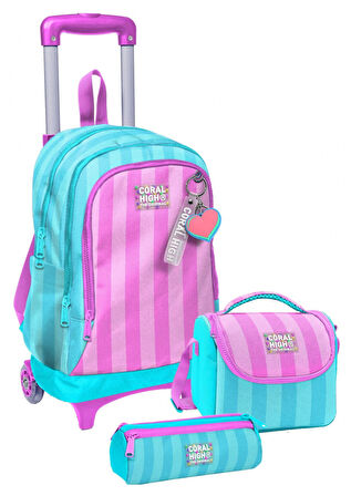 Coral High Çekçek Tekerlekli Kız Çocuk, Turkuaz Pembe Çizgili, İlkokul Üçlü Okul Çanta Seti