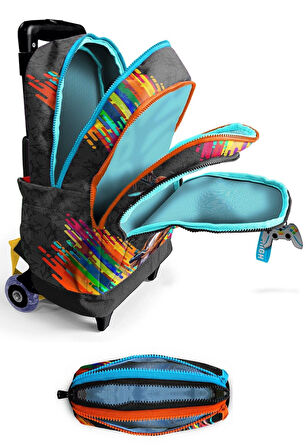 Coral High Işıklı Tekerlekli Erkek Çocuk, Siyah Drone Pilotu Baskılı, İlkokul Çekçek Çanta ve Kalemlik Seti