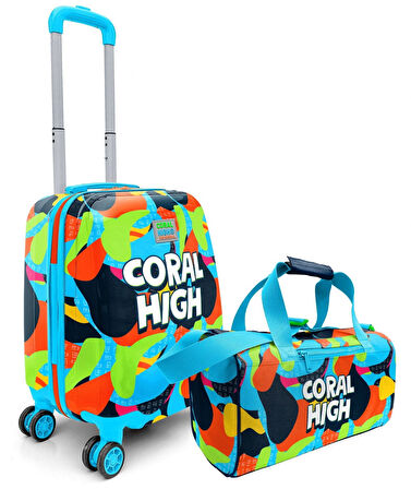 Coral High Erkek Çocuk Lacivert Mavi Grafiti Desenli Çocuk Valizi ve Seyahat/Spor Çantası Seti