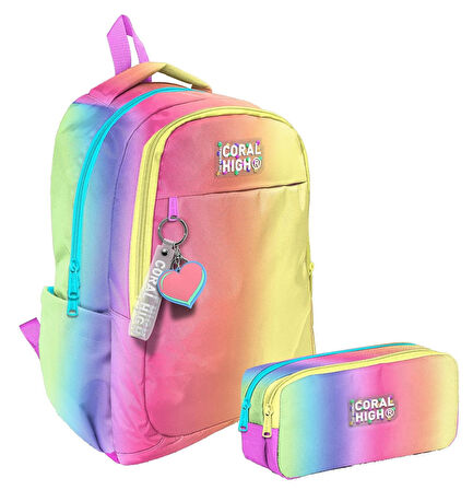 Coral High İlkokul/Ortaokul Sırt Çantası ve İki Bölmeli Kalemlik Seti - Kız Çocuk - Lacivert Mavi Çizgi Desenli