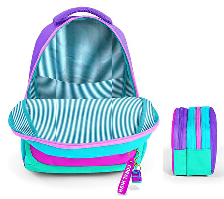 Coral High Üç Bölmeli İlkokul Sırt Çantası ve İki Bölmeli Kalemlik - Kız Çocuk - Pembe Yeşil Çok Renkli