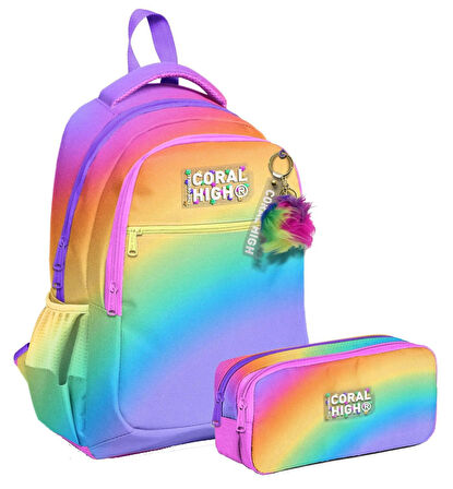 Coral High Üç Bölmeli İlkokul Sırt Çantası ve İki Bölmeli Kalemlik - Kız Çocuk - Çok Renkli Renk Geçişli Gradyan