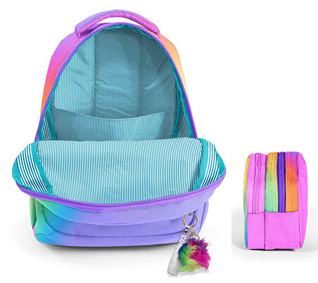 Coral High Üç Bölmeli İlkokul Sırt Çantası ve İki Bölmeli Kalemlik - Kız Çocuk - Çok Renkli Renk Geçişli Gradyan