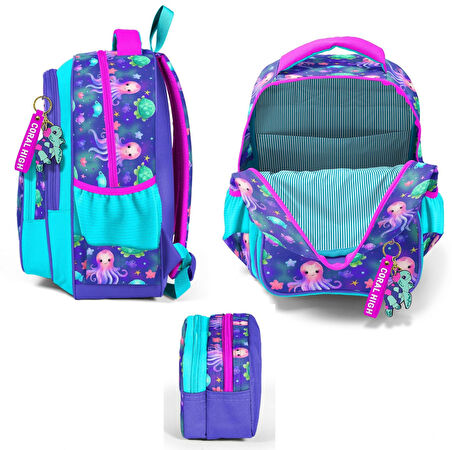 Coral High İlkokul Sırt Çantası ve İki Bölmeli Kalemlik - Kız Çocuk - Lavanta Turkuaz Deniz Anası