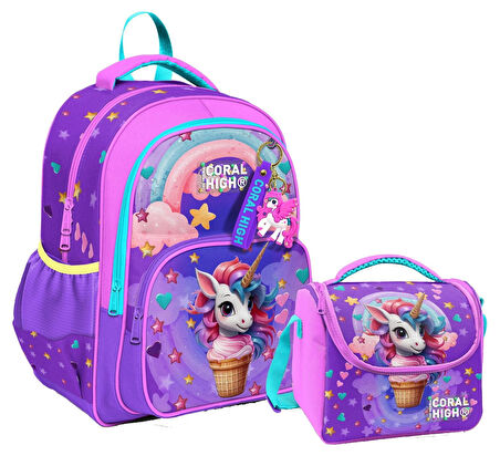Coral High Kız Çocuklara Özel İlkokul Çantası ve Beslenme Çantası Takım - Mor Pembe Dondurma Unicorn