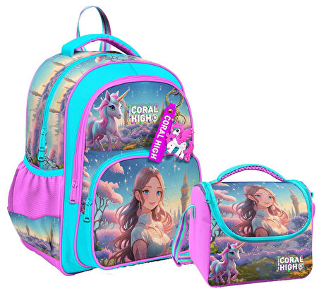 Coral High Kız Çocuklara Özel İlkokul Çantası ve Beslenme Çantası Takım - Turkuaz Pembe Anime Kız