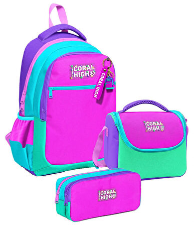Coral High Üç Gözlü Pembe Yeşil Çok Renkli, Kız Çocuk, İlkokul Üçlü Okul Çanta Seti