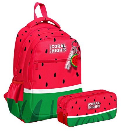 Coral High Üç Bölmeli İlkokul Sırt Çantası ve İki Bölmeli Kalemlik - Erkek Çocuk - Kırmızı Yeşil Karpuz