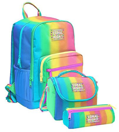 Coral High İlkokul ve Ortaokul Okul Çanta Üçlüsü - Kız Çocuk, Renkli Çizgili Mavi Turuncu