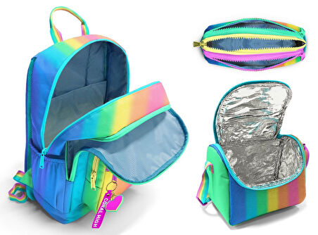 Coral High İlkokul ve Ortaokul Okul Çanta Üçlüsü - Kız Çocuk, Renkli Çizgili Mavi Turuncu