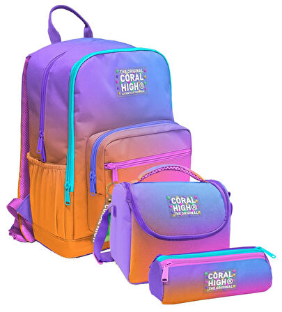 Coral High İlkokul ve Ortaokul Okul Çanta Üçlüsü - Kız Çocuk, Turuncu Mor Renk Geçişli