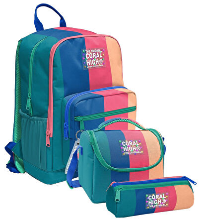 Coral High İlkokul ve Ortaokul Okul Çanta Üçlüsü - Kız Çocuk, Yeşil Mavi Pembe Renkli Çizgili
