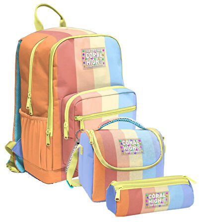 Coral High İlkokul ve Ortaokul Okul Çanta Üçlüsü - Kız Çocuk, Turuncu Sarı Mavi Renkli Çizgili