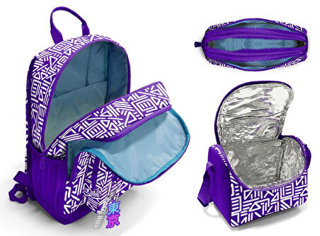 Coral High İlkokul ve Ortaokul Okul Çanta Üçlüsü - Kız Çocuk, Mor Beyaz Geometrik Şekiller