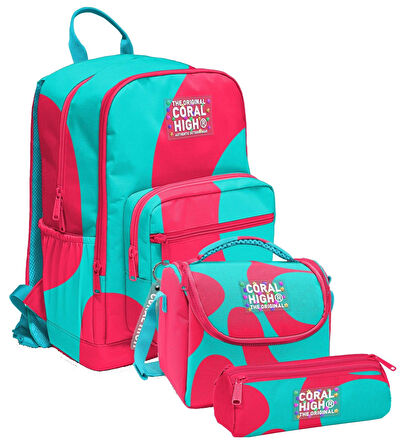 Coral High İlkokul ve Ortaokul Okul Çanta Üçlüsü - Kız Çocuk, Kırmızı Turkuaz Renkli Çizgili
