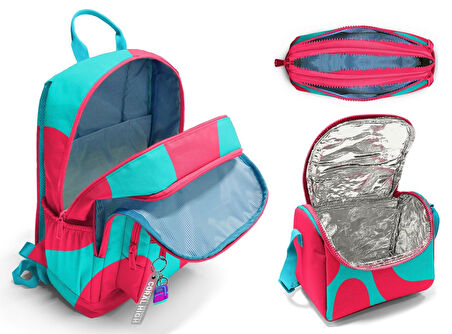 Coral High İlkokul ve Ortaokul Okul Çanta Üçlüsü - Kız Çocuk, Kırmızı Turkuaz Renkli Çizgili