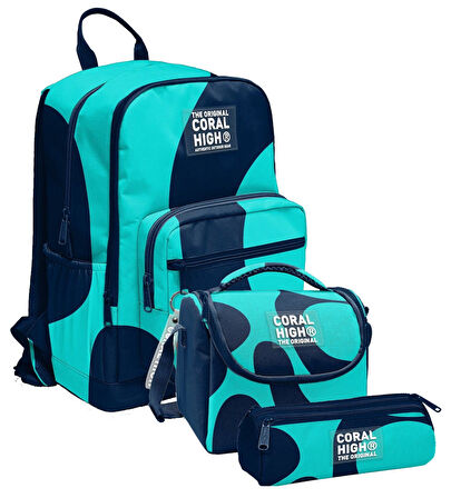 Coral High İlkokul ve Ortaokul Okul Çanta Üçlüsü - Erkek Çocuk, Lacivert Turkuaz Renkli Çizgili