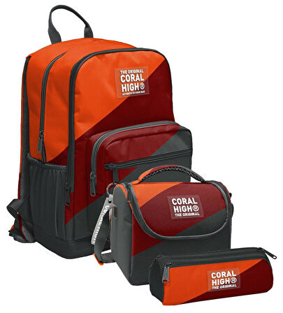 Coral High İlkokul ve Ortaokul Okul Çanta Üçlüsü - Erkek Çocuk, Turuncu Bordo Gri Renkli