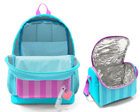 Coral High Kız Çocuklar İçin Dayanıklı İkili İlk Okul Çanta Seti  - Turkuaz Pembe Çizgili