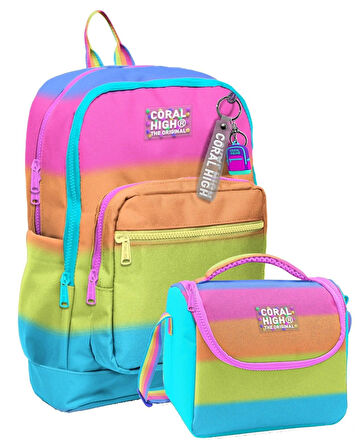 Coral High Kız Çocuklar İçin Dayanıklı İkili İlk Okul Çanta Seti  - Pembe Turuncu Renk Geçişli