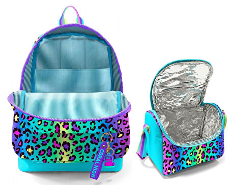 Coral High Kız Çocuklar İçin Dayanıklı İkili İlk Okul Çanta Seti  - Yeşil Mor Leopar