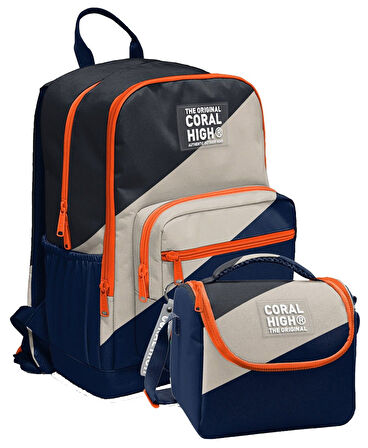 Coral High İlkokul ve Ortaokul Sırt Çantası ve Beslenme Seti - Erkek Çocuklar İçin Lacivert Bej Renkli Çizgili