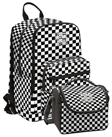 Coral High İlkokul ve Ortaokul Sırt Çantası ve Beslenme Seti - Kız Çocuklar İçin Siyah Beyaz Damalı