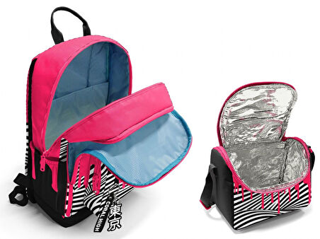 Coral High İlkokul ve Ortaokul Sırt Çantası ve Beslenme Seti - Kız Çocuklar İçin Pembe Siyah Beyaz Boya Desenli