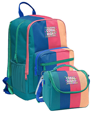 Coral High İlkokul ve Ortaokul Sırt Çantası ve Beslenme Seti - Kız Çocuklar İçin Yeşil Mavi Pembe Renkli Çizgili