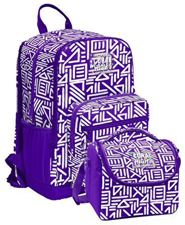 Coral High İlkokul ve Ortaokul Sırt Çantası ve Beslenme Seti - Kız Çocuklar İçin Mor Beyaz Geometrik Şekiller