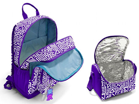 Coral High İlkokul ve Ortaokul Sırt Çantası ve Beslenme Seti - Kız Çocuklar İçin Mor Beyaz Geometrik Şekiller