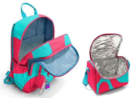 Coral High İlkokul ve Ortaokul Sırt Çantası ve Beslenme Seti - Kız Çocuklar İçin Kırmızı Turkuaz Renkli Çizgili