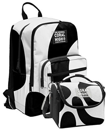 Coral High İlkokul ve Ortaokul Sırt Çantası ve Beslenme Seti - Erkek Çocuklar İçin Renkli Çizgili Siyah Beyaz